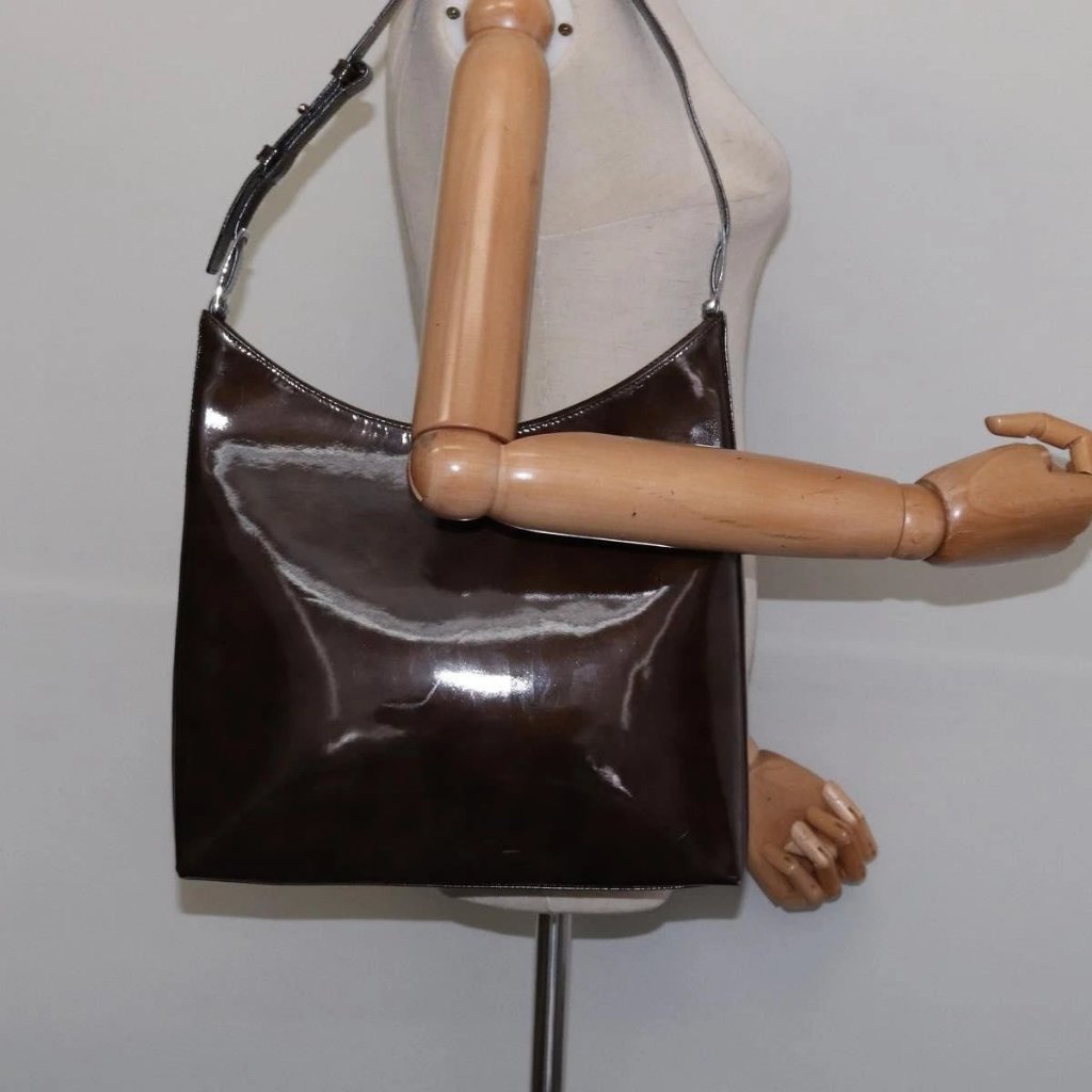 Salvatore Ferragamo Chain Vala Shoulder Bag Enamel Brown Silver Auth